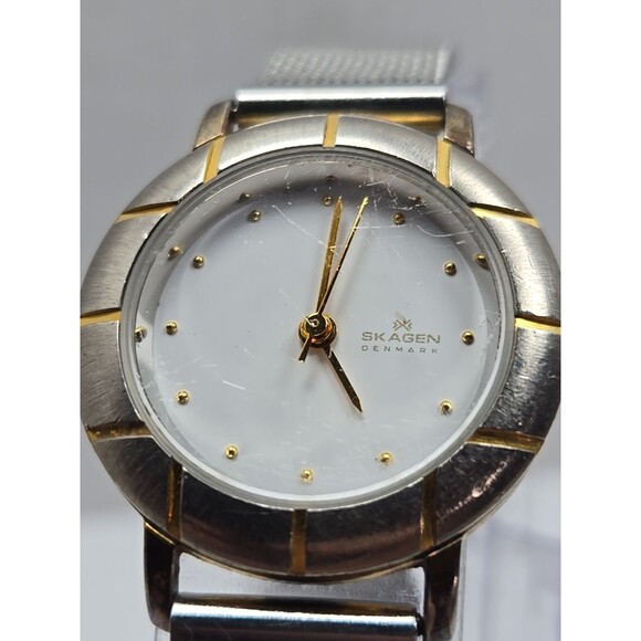 Skagen Denmark 3SGS Women Quartz Mesh Watch Two Tone White Dial New Battery 26mm - Picture 4 of 11